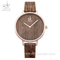 Shengke New Creative Women Watches Casual Fashion Wood Leather Watch Simple Female Quartz Wristwatch Relogio Feminino
